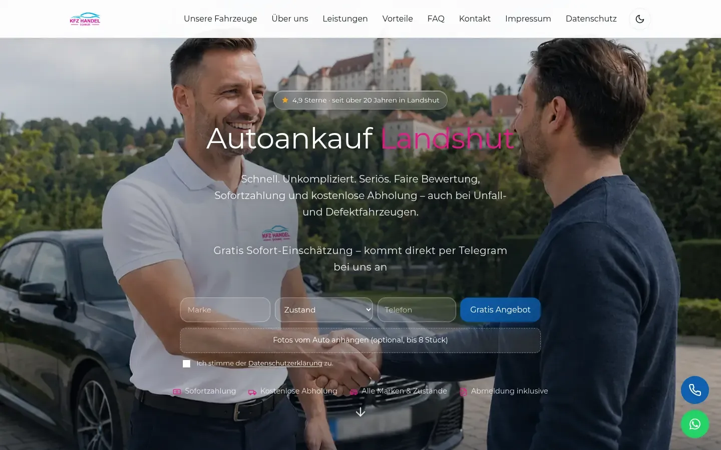 Startseite von Autoankauf Landshut mit Sofort-Einschätzung